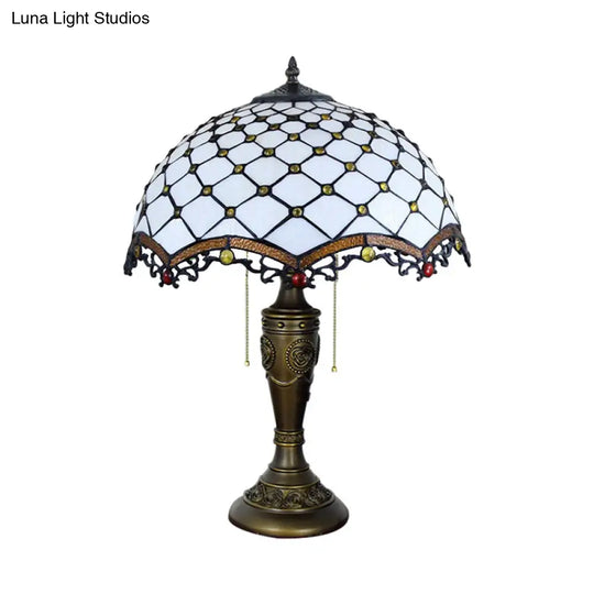 Baroque Style White Glass Fishscale Table Light With Bronze Finish 2 Lights And Pull Chain - Perfect