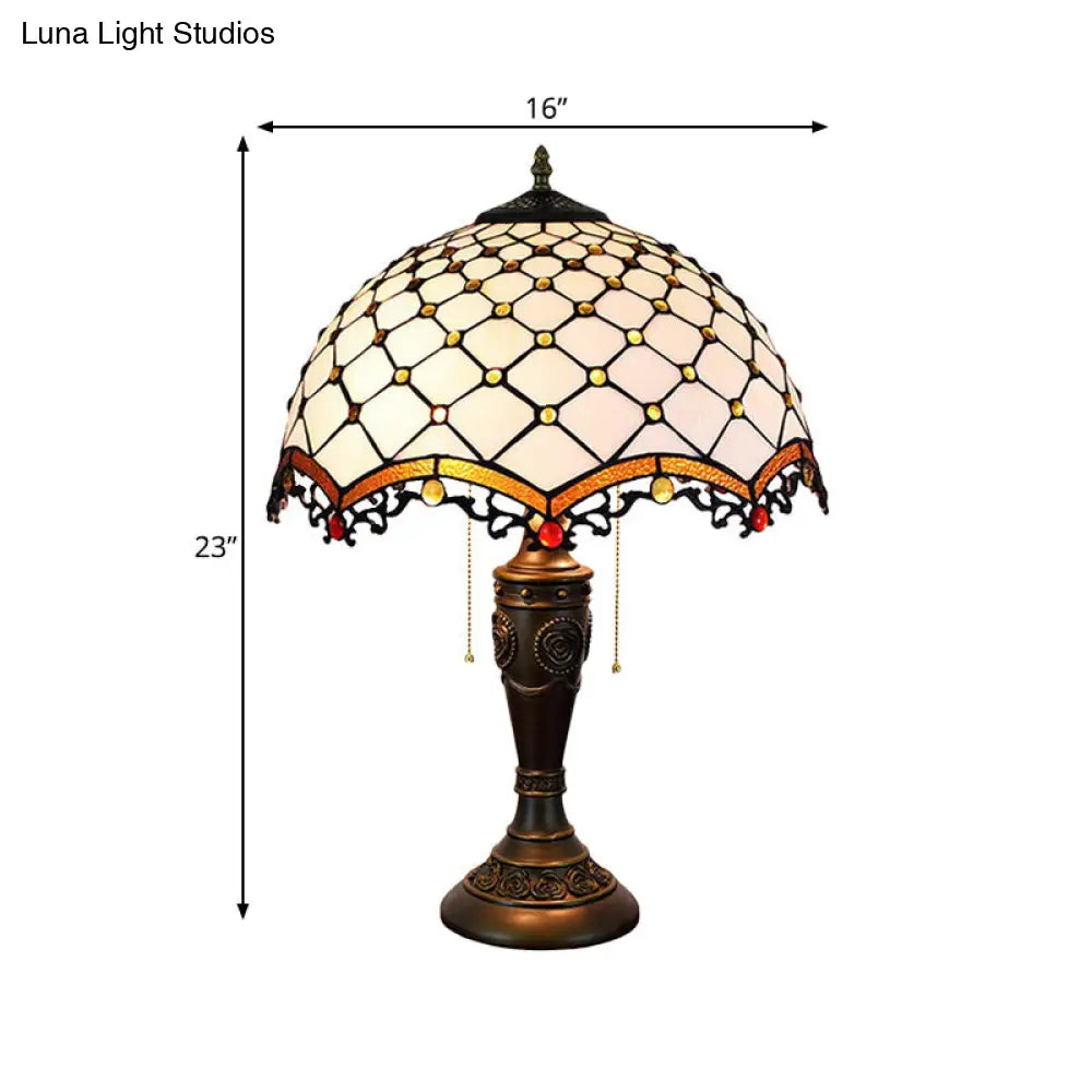 Baroque Style White Glass Fishscale Table Light With Bronze Finish 2 Lights And Pull Chain - Perfect