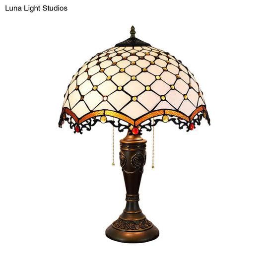 Baroque Style White Glass Fishscale Table Light With Bronze Finish 2 Lights And Pull Chain - Perfect