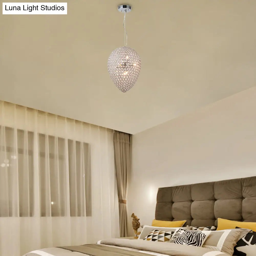 Contemporary Chrome Beaded Pendant Light With Teardrop Shade - Modern Crystal Chandelier Lamp