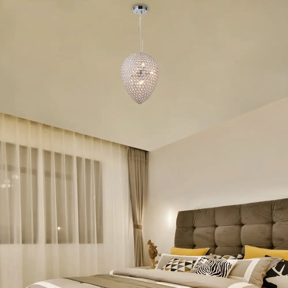 Chrome Beaded Pendant Lighting With Teardrop Shade - Modern Clear Crystal Chandelier