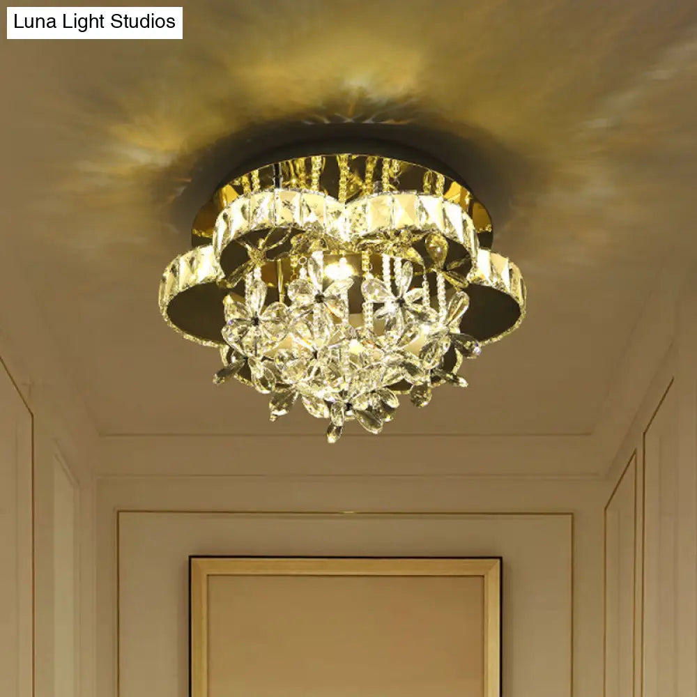 Chrome Blossom Modernist Led Semi Flush Ceiling Lamp With Crystal Shade