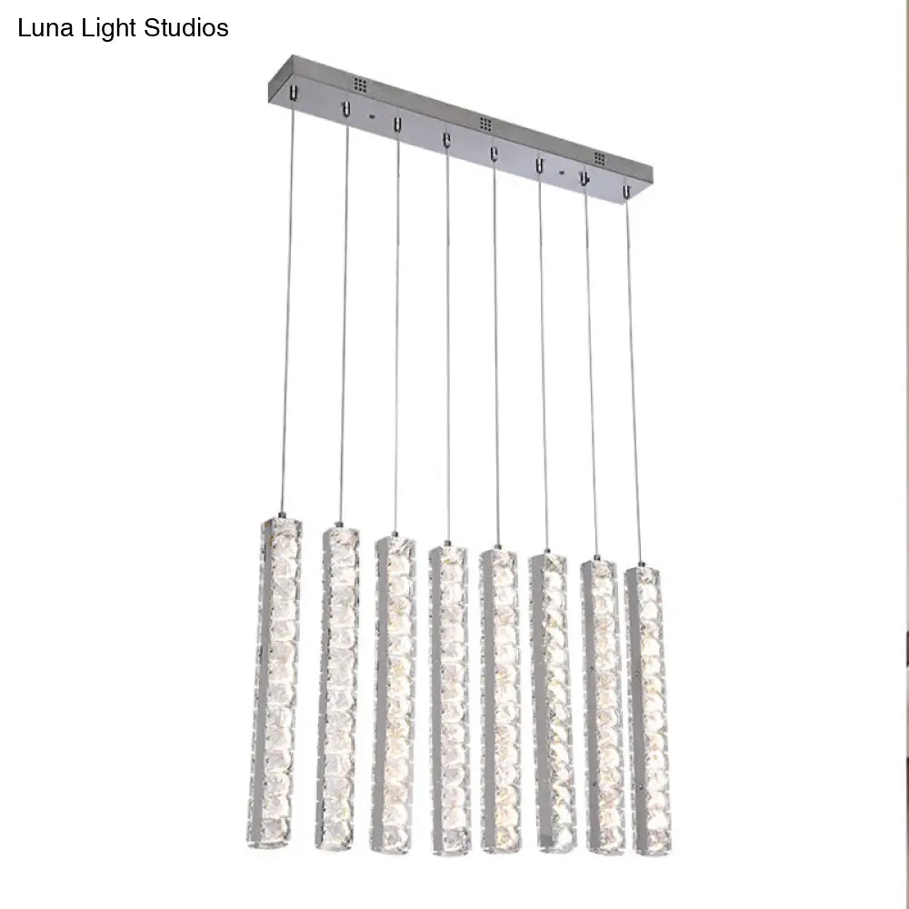 Minimalist Crystal-Encrusted Rectangle Led Hanging Light For Dining Table In Chrome