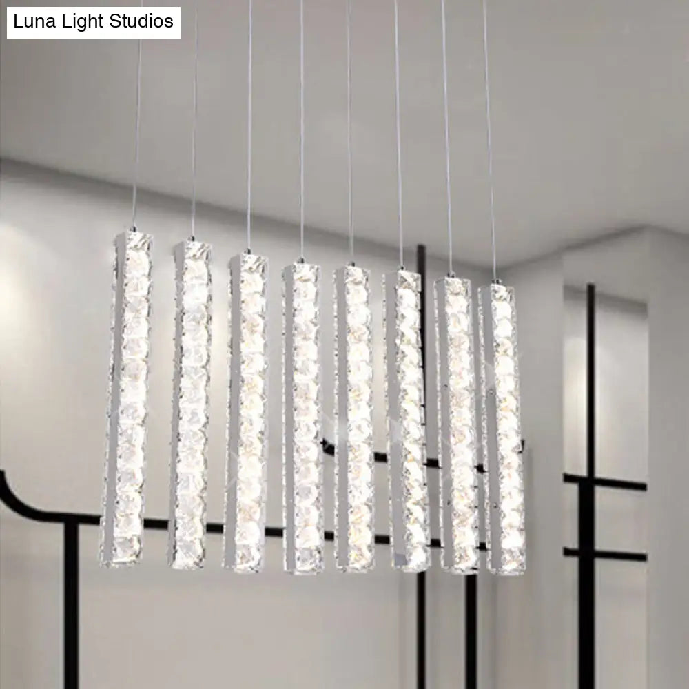 Minimalist Crystal-Encrusted Rectangle Led Hanging Light For Dining Table In Chrome