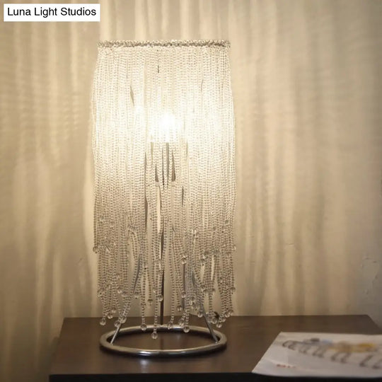 Chrome Crystal Fringed Nightstand Lamp: Sleek Single-Bulb Table Lighting For Postmodern Bedrooms