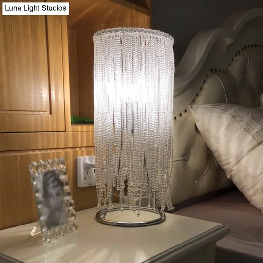 Chrome Crystal Fringed Nightstand Lamp: Sleek Single-Bulb Table Lighting For Postmodern Bedrooms