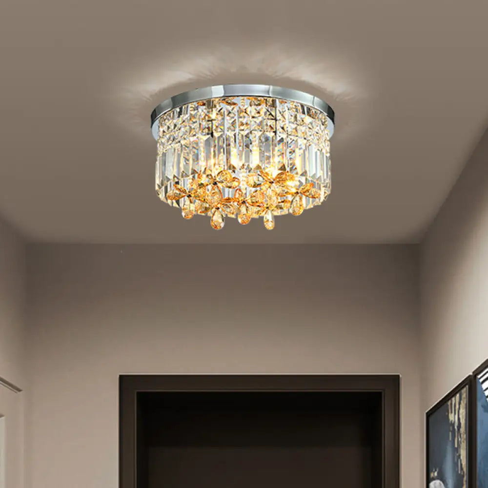 Chrome Cylinder Crystal Led Flush Light For Doorway - 10’/15.5’ Wide / 15.5’