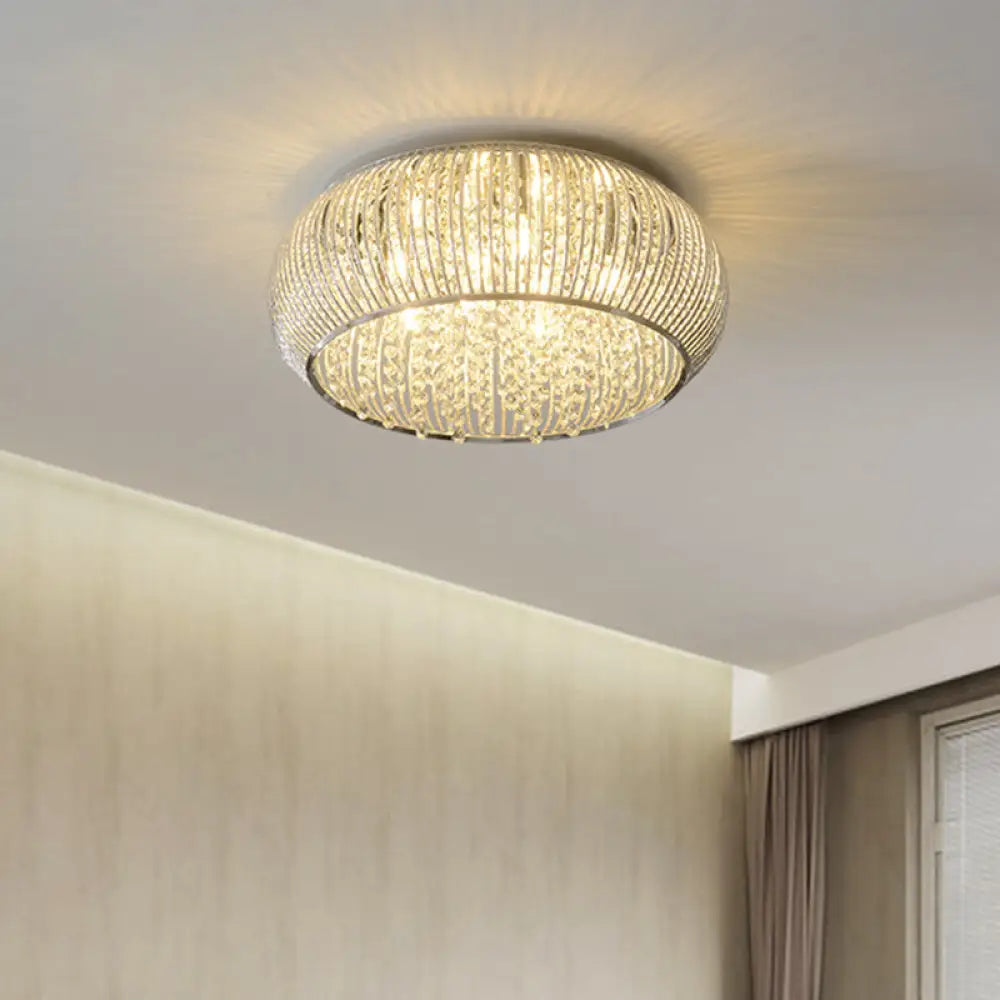 Chrome Drum Crystal Flush Mount Ceiling Light Fixture - Minimalist Design 8 Heads Beaded