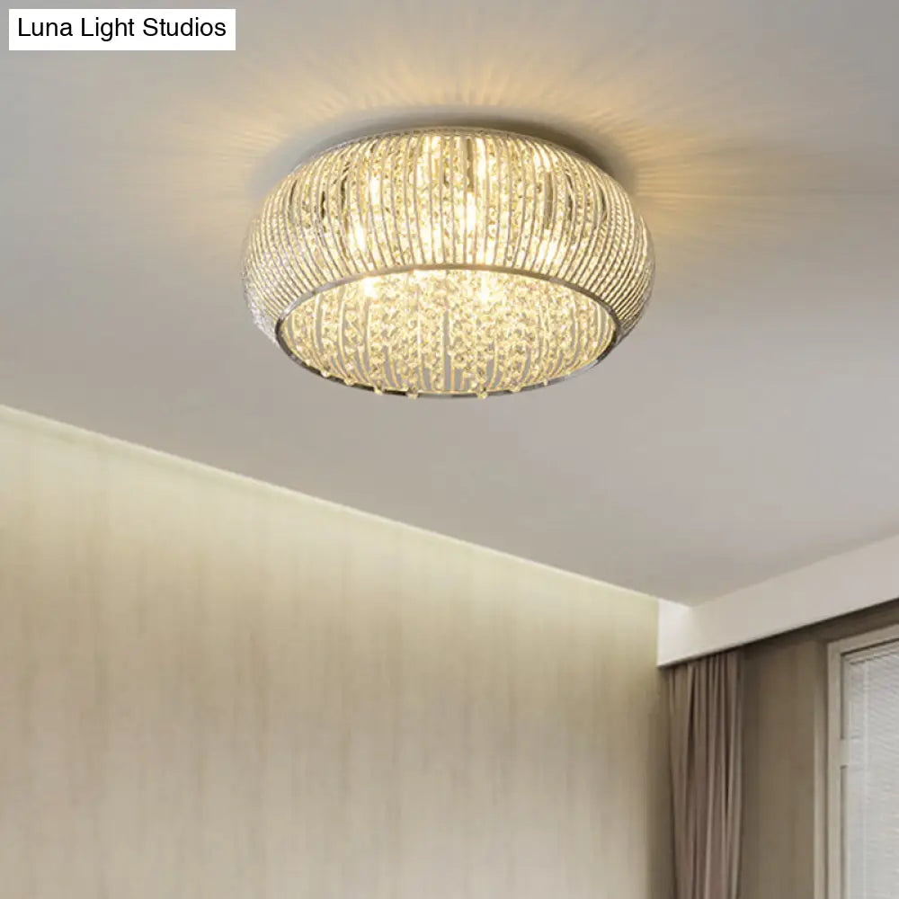 Chrome Drum Crystal Flush Mount Ceiling Light Fixture - Minimalist Design 8 Heads Beaded