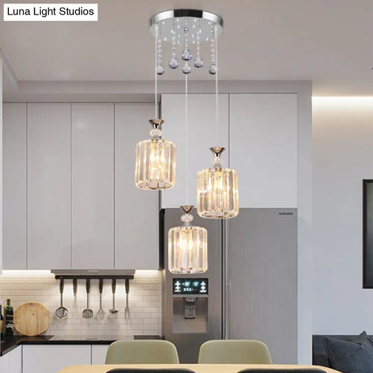 Minimalist Chrome Finish Ceiling Fixture With Clear Crystal Prisms - 3 Head Cylinder Multi-Pendant