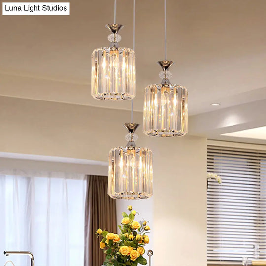 Minimalist Chrome Finish Ceiling Fixture With Clear Crystal Prisms - 3 Head Cylinder Multi-Pendant