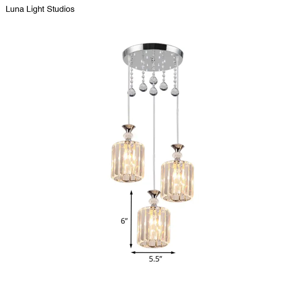 Chrome Finish Crystal Prisms Cylinder Pendant Ceiling Fixture - Minimal 3 Heads