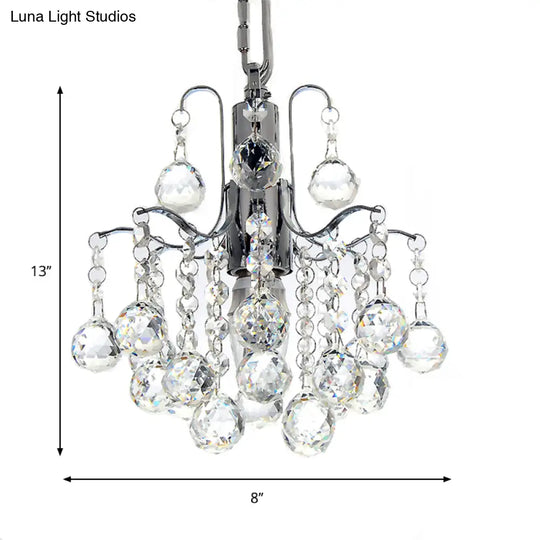 Chrome Finished Crystal Ball Curved Arm Chandelier With Bare Bulbs