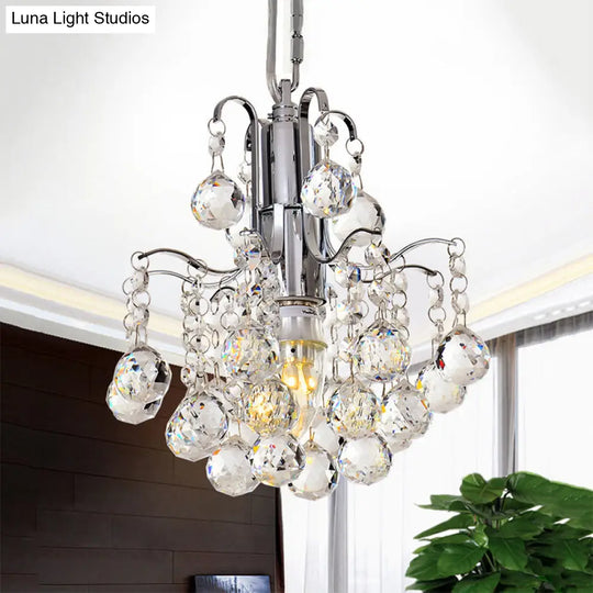 Chrome Finish Crystal Ball Curved Arm Chandelier - Stunning Bare Bulb Lighting