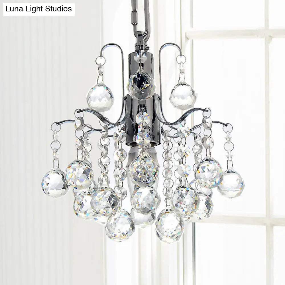 Chrome Finish Crystal Ball Curved Arm Chandelier - Stunning Bare Bulb Lighting