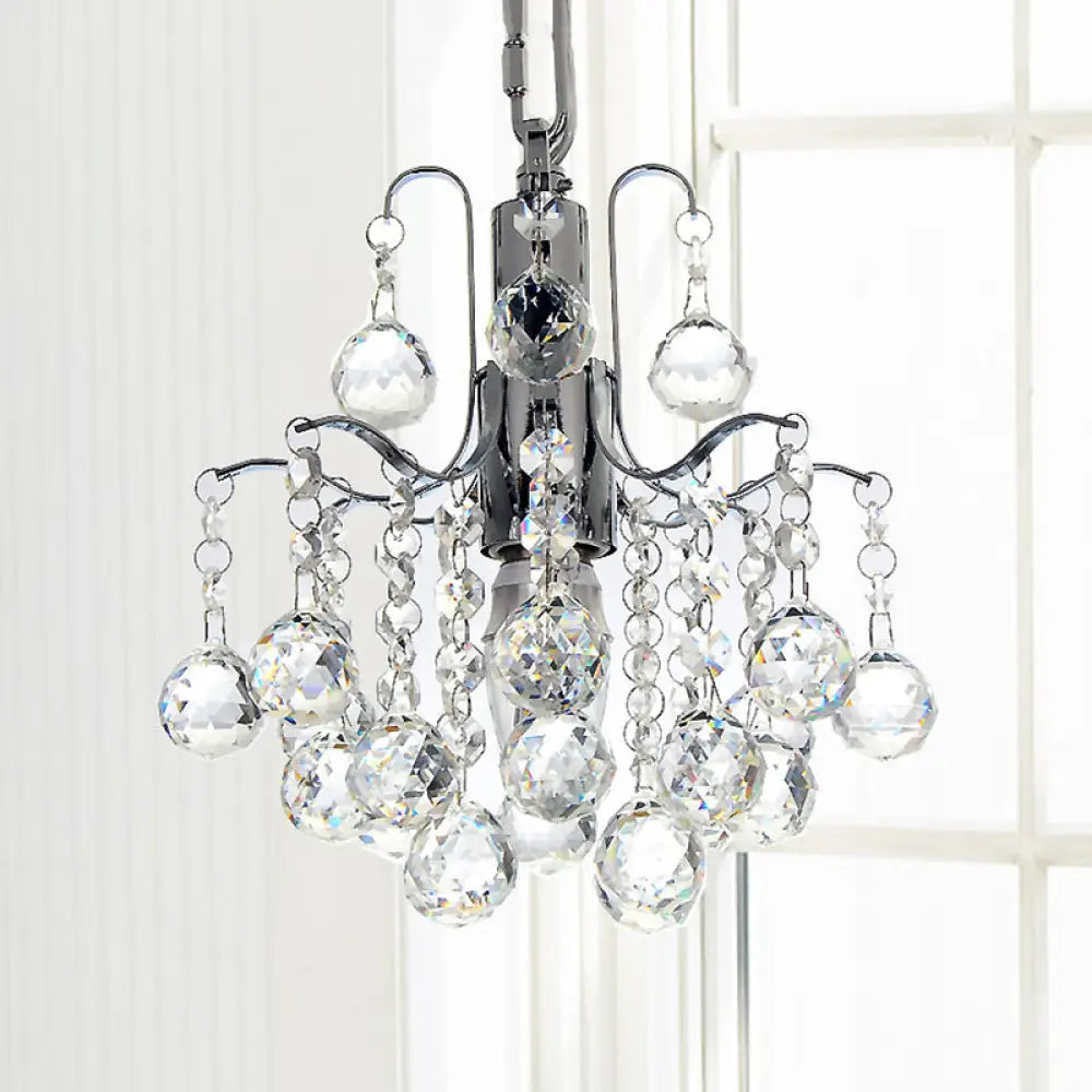 Chrome Finished Crystal Ball Curved Arm Chandelier With Bare Bulbs