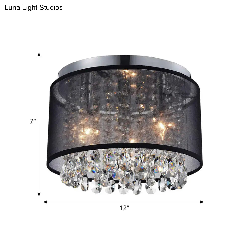 Chrome Flush Mount Lamp With Crystal Drops - Simple & Stylish 3 - Light Cylinder Ceiling Fixture