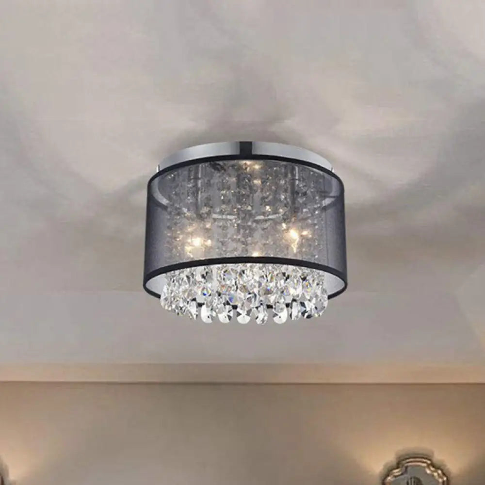 Chrome Flush Mount Lamp With Crystal Drops - Simple & Stylish 3 - Light Cylinder Ceiling Fixture