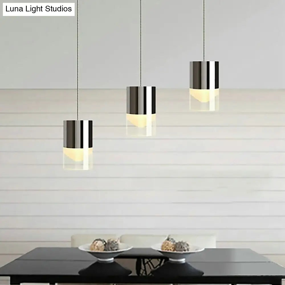 Modern Metal & Glass Chrome Triple Light Cylinder Pendant Lamp For Bar