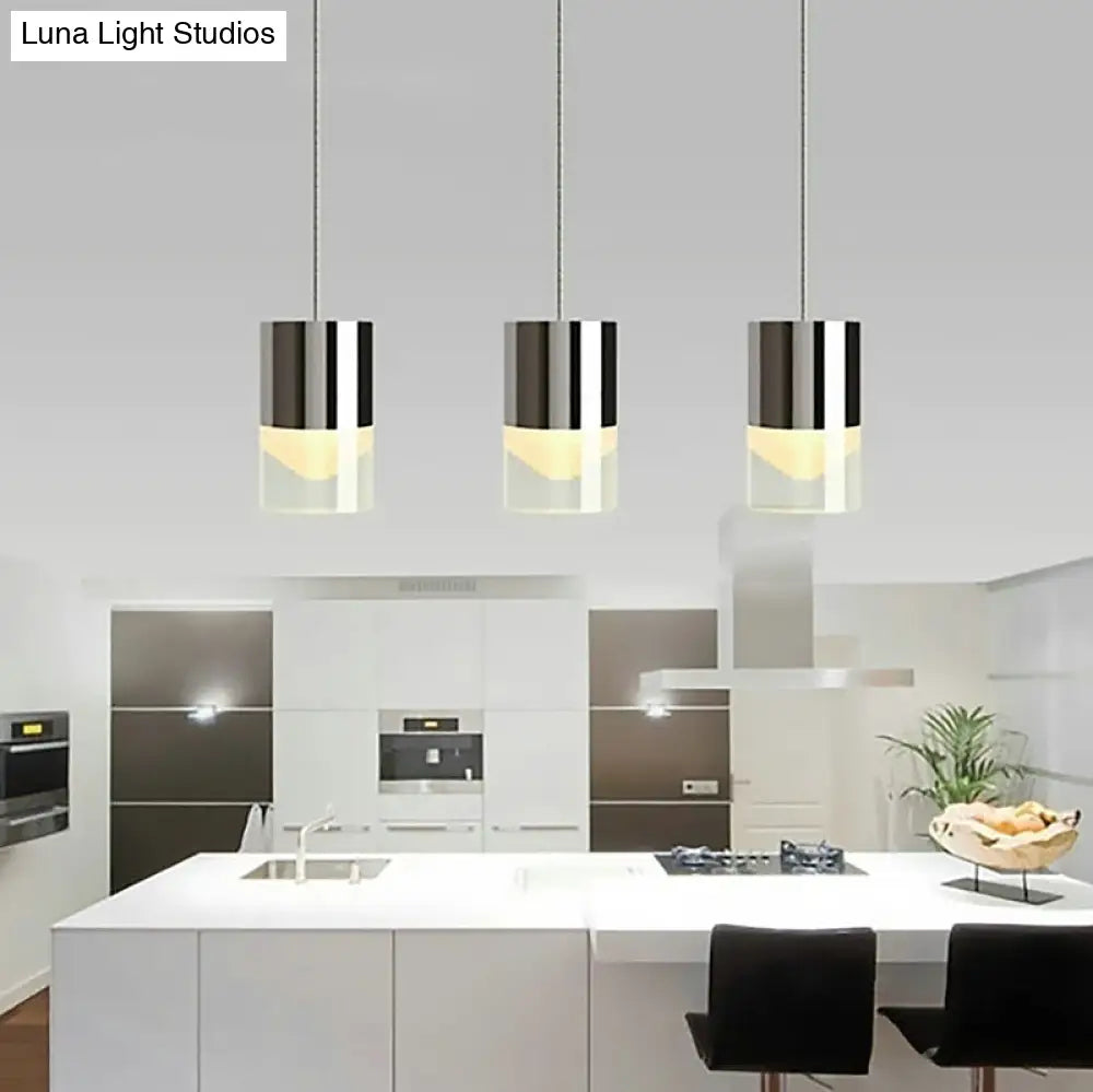 Modern Metal & Glass Chrome Triple Light Cylinder Pendant Lamp For Bar