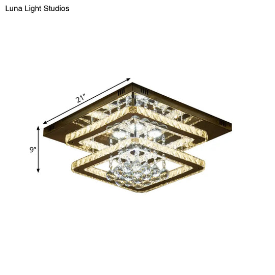 Chrome Led Crystal Ceiling Light With Dual Faceted Squares & Droplet