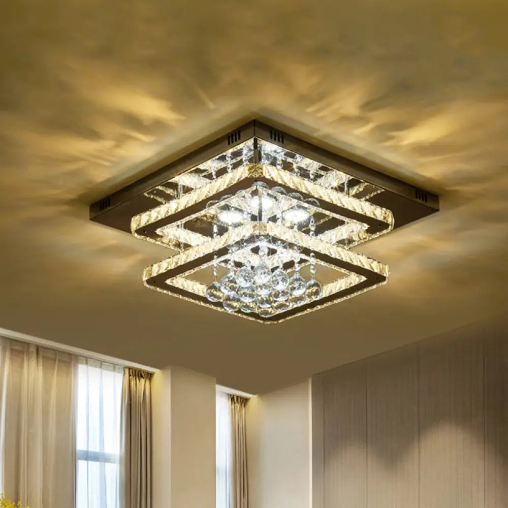 Chrome Led Crystal Ceiling Light With Dual Faceted Squares & Droplet