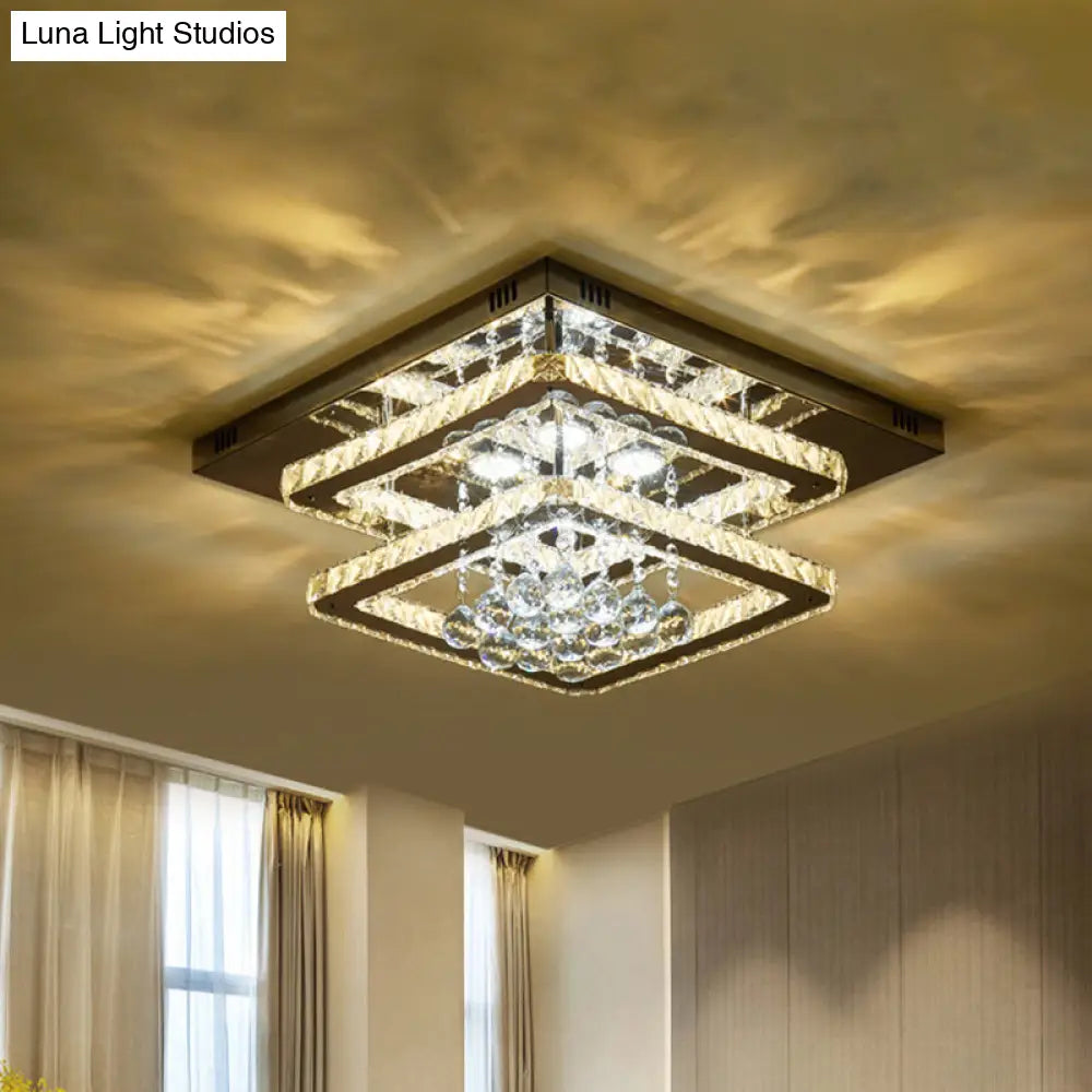 Chrome Led Crystal Ceiling Light With Dual Faceted Squares & Droplet