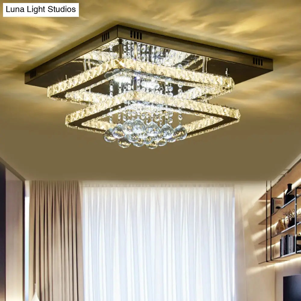 Chrome Led Crystal Ceiling Light With Dual Faceted Squares & Droplet