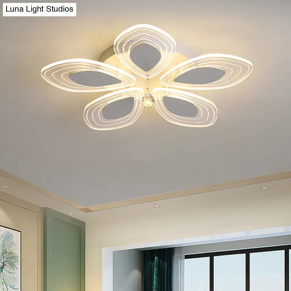 Chrome Led Floral Petal Ceiling Flush Light With Crystal Droplet