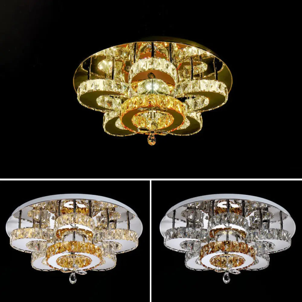 Chrome Led Flower Ceiling Light: Modern Clear Crystal Flush Fixture For Living Room / 23.5’