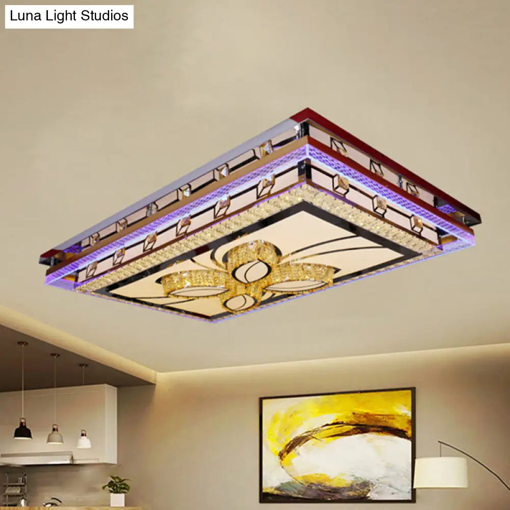 Chrome Led Flush Mount Crystal Rectangle Ceiling Fixture With Flower Design