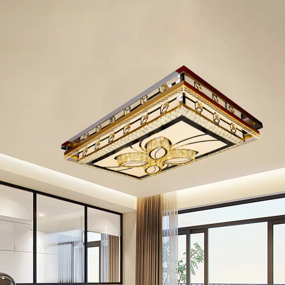 Chrome Led Flush Mount Crystal Rectangle Ceiling Fixture With Flower Design