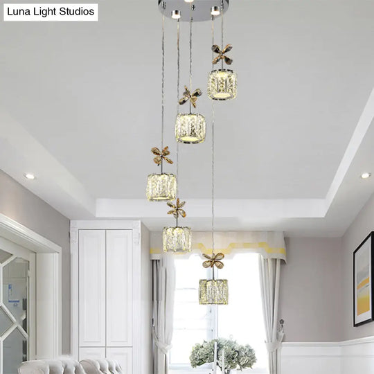 Chrome Led Multi Light Pendant With Faceted Crystal And Modern Cylinder Design For Dining Room -