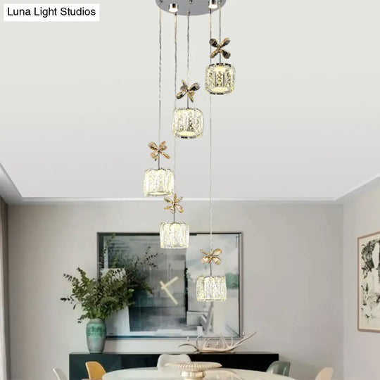 Chrome Led Multi Light Pendant With Faceted Crystal And Modern Cylinder Design For Dining Room -