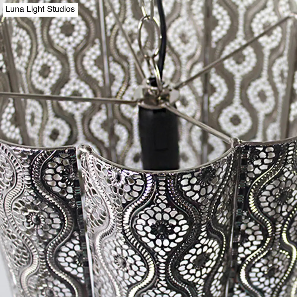 Chrome Metal Etched Pendant With Cylinder Shade - Industrial 1-Light Hanging Lamp