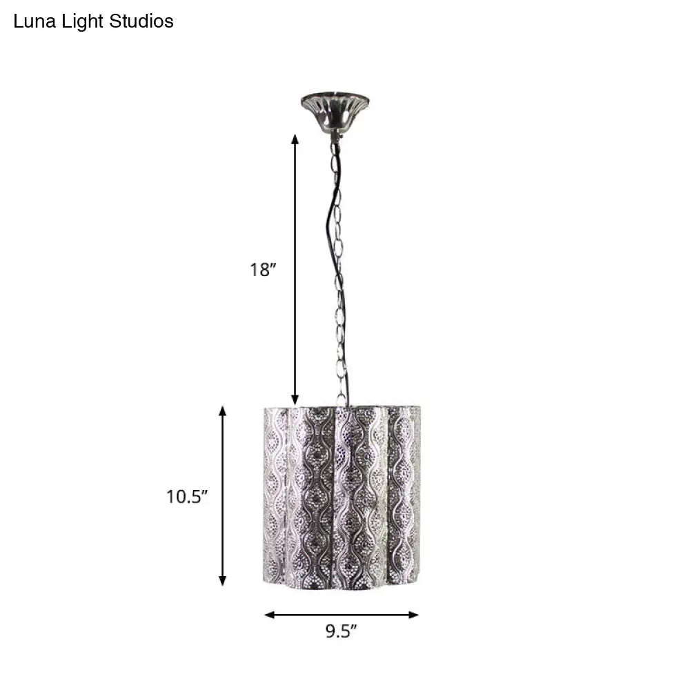 Chrome Metal Etched Pendant With Cylinder Shade - Industrial 1-Light Hanging Lamp