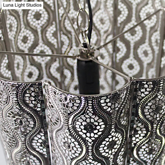 Chrome Metal Etched Pendant With Cylinder Shade - Industrial Hanging Light