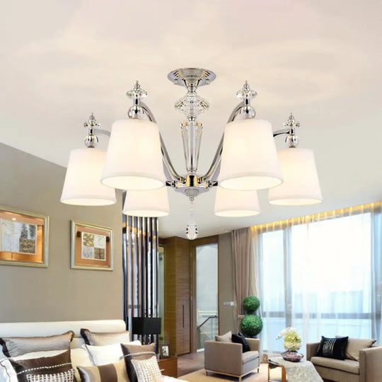 Chrome Semi Flushmount Crystal Ceiling Lamp With Modern Fabric Design And 3/6 Lights For Living