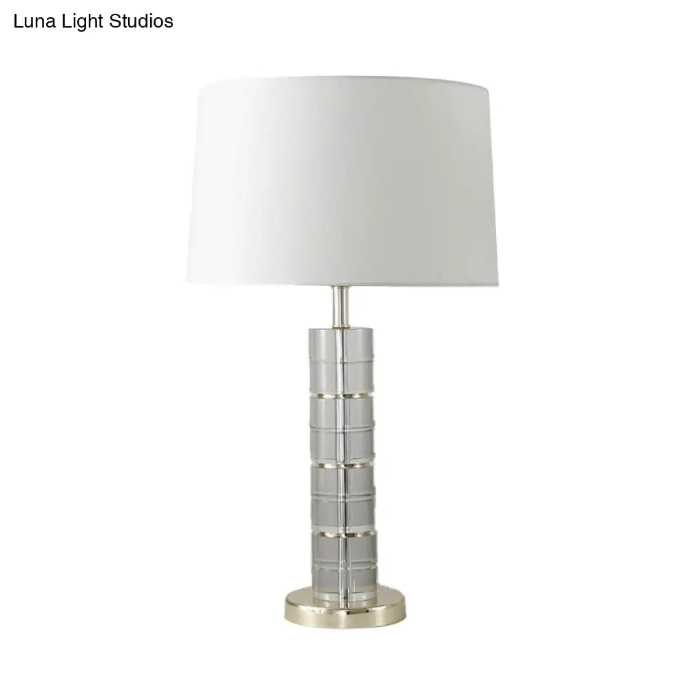 Chrome Small Desk Lamp With Clear Crystal Modern Cylindrical Fabric Table Light