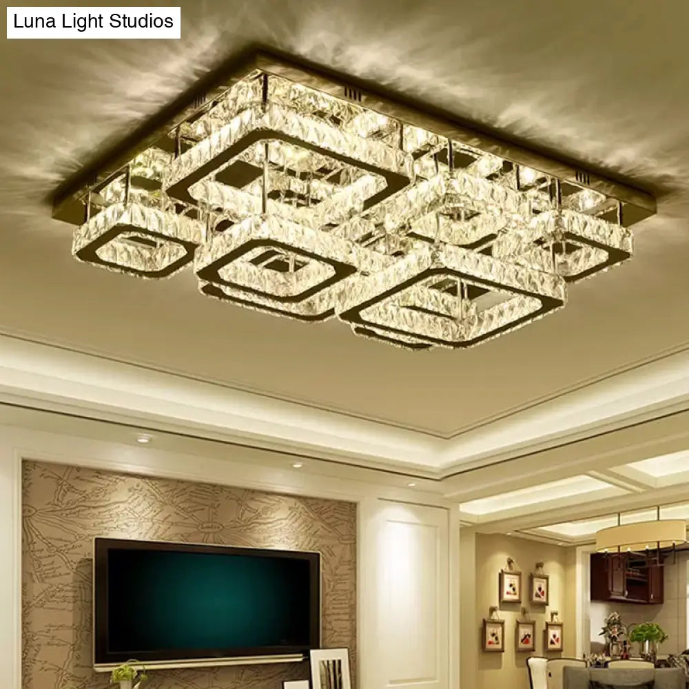 Chrome Square Flushmount Crystal Led Ceiling Light For Living Room - Simplicity And Elegance