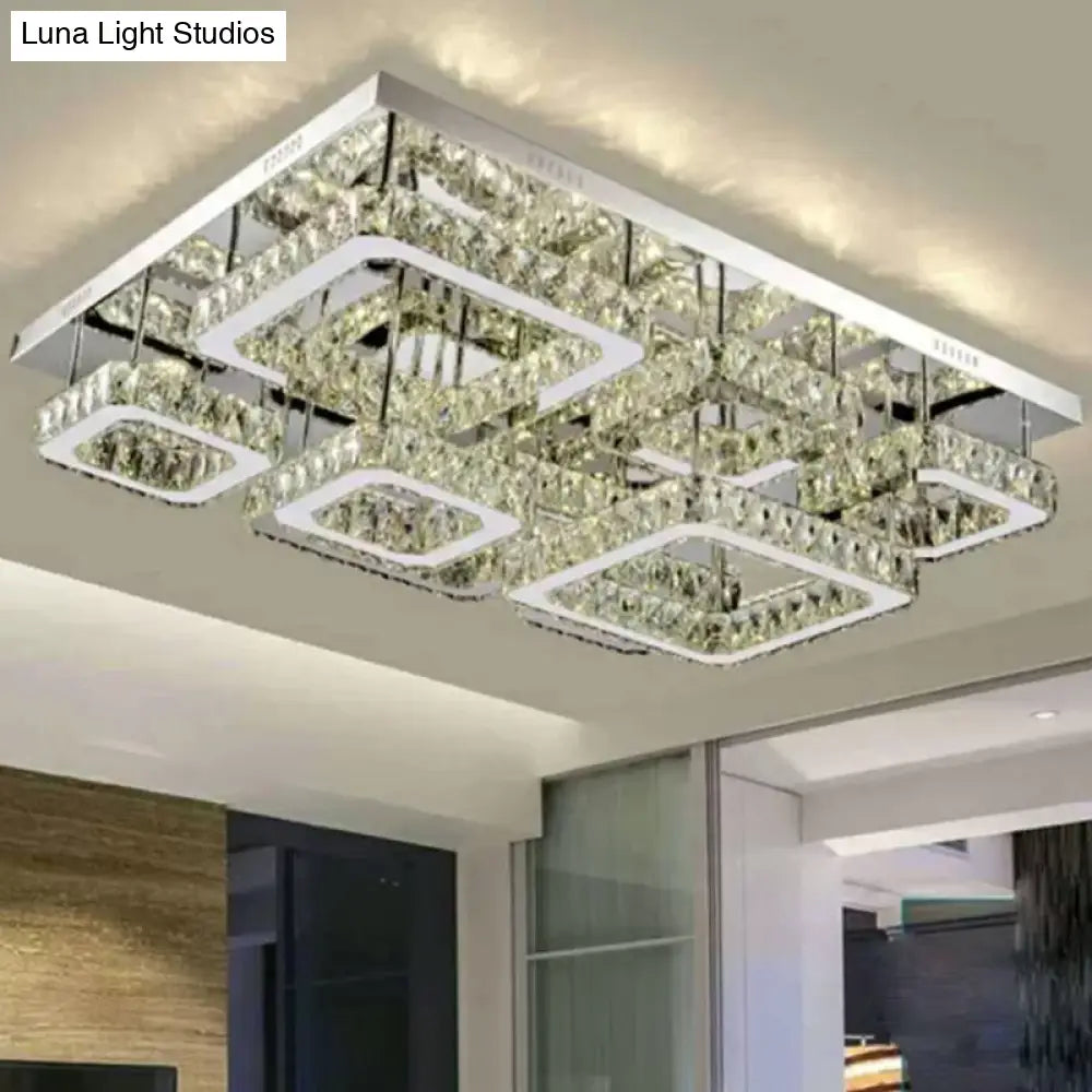 Chrome Square Flushmount Crystal Led Ceiling Light For Living Room - Simplicity And Elegance Clear