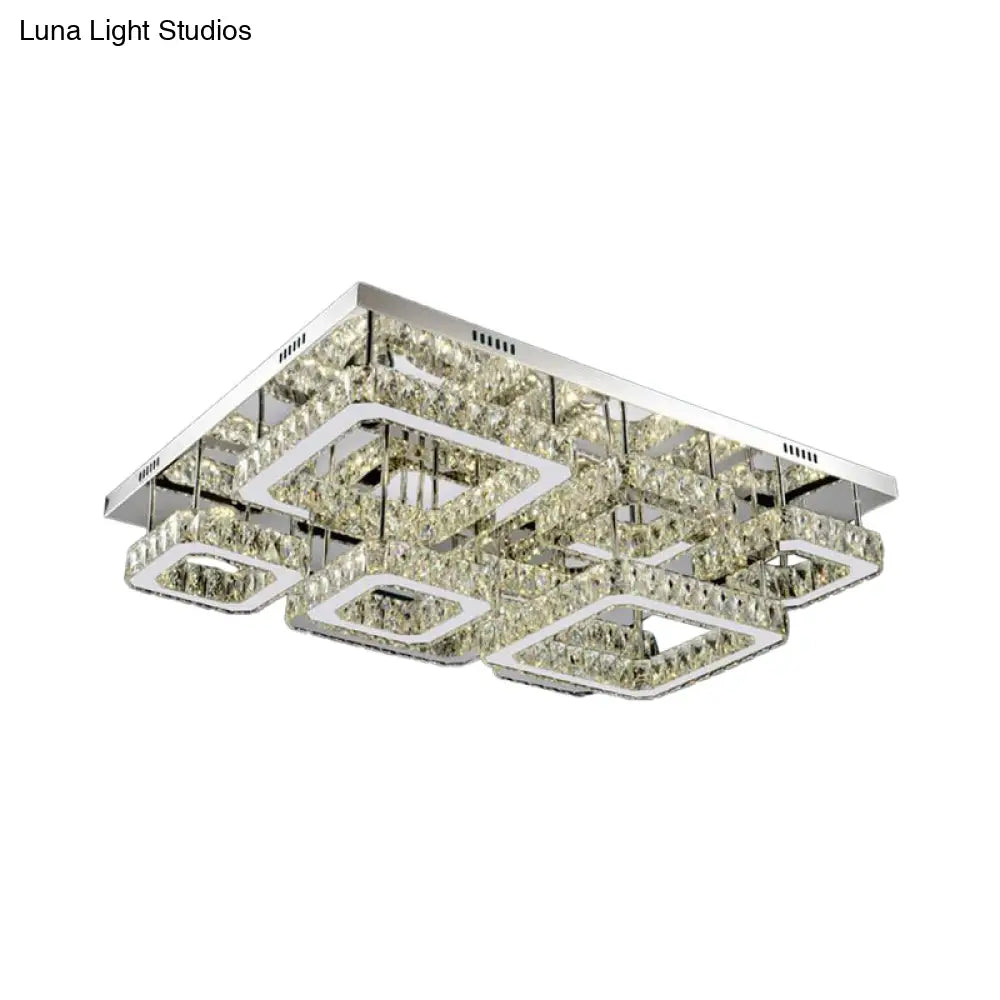 Chrome Square Flushmount Crystal Led Ceiling Light For Living Room - Simplicity And Elegance