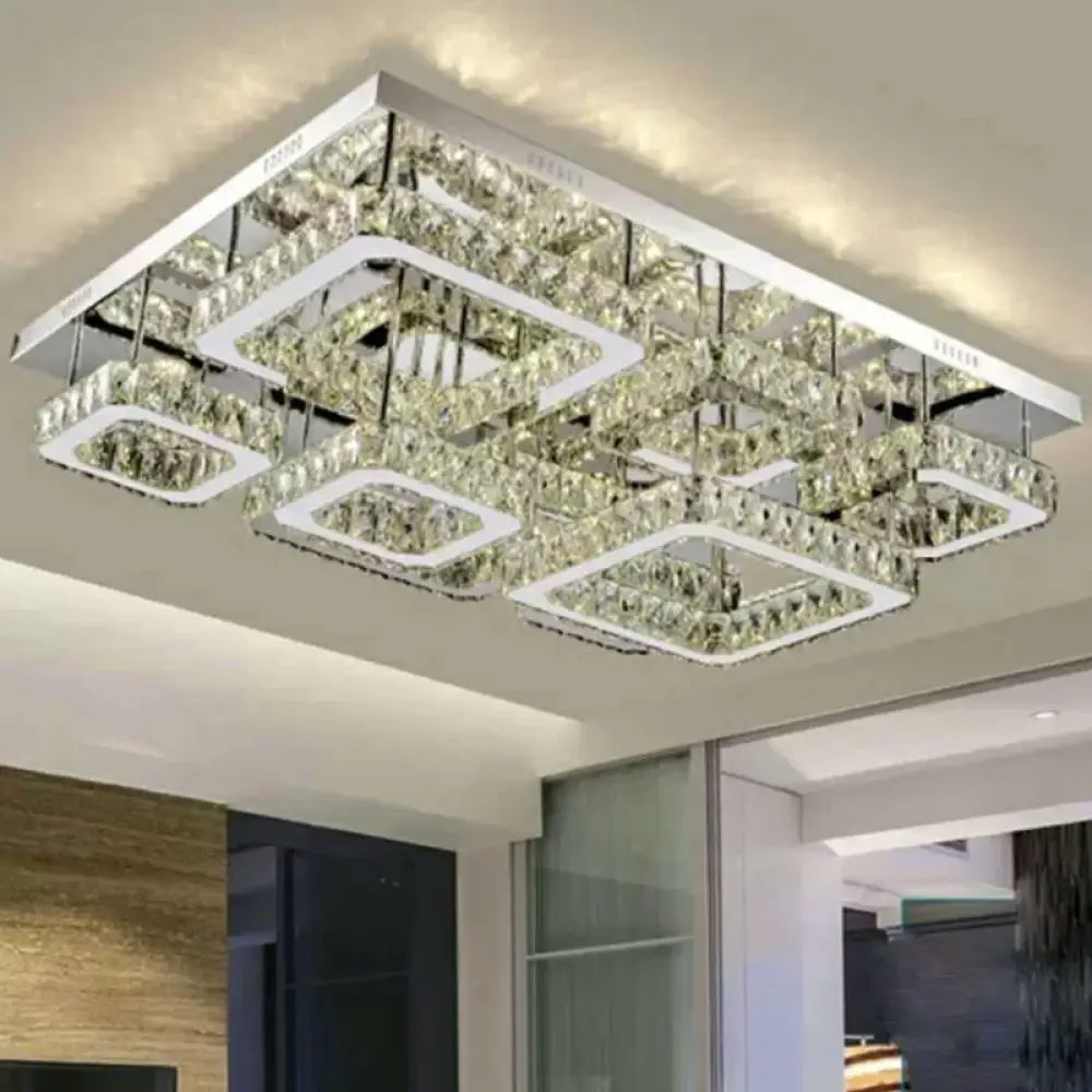 Chrome Square Flushmount Crystal Led Ceiling Light For Living Room - Simplicity And Elegance Clear