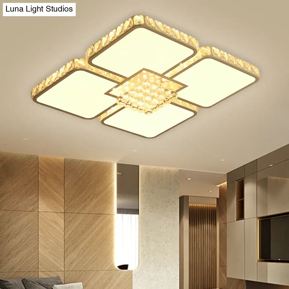 Chrome Square Led Flush Mount Ceiling Light With Crystal Shade In Warm/White