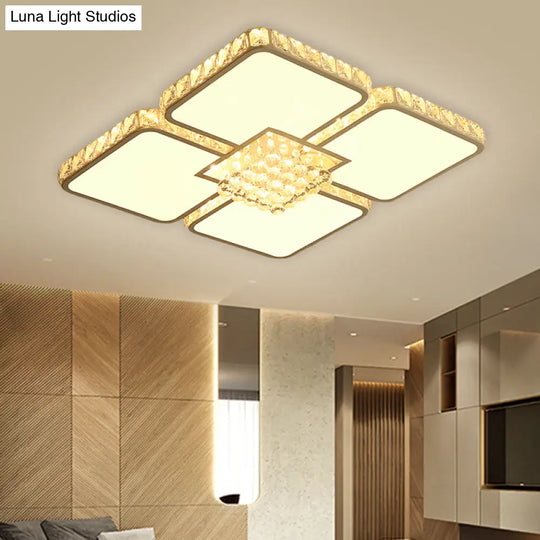 Chrome Square Led Flush Mount Ceiling Light With Crystal Shade In Warm/White