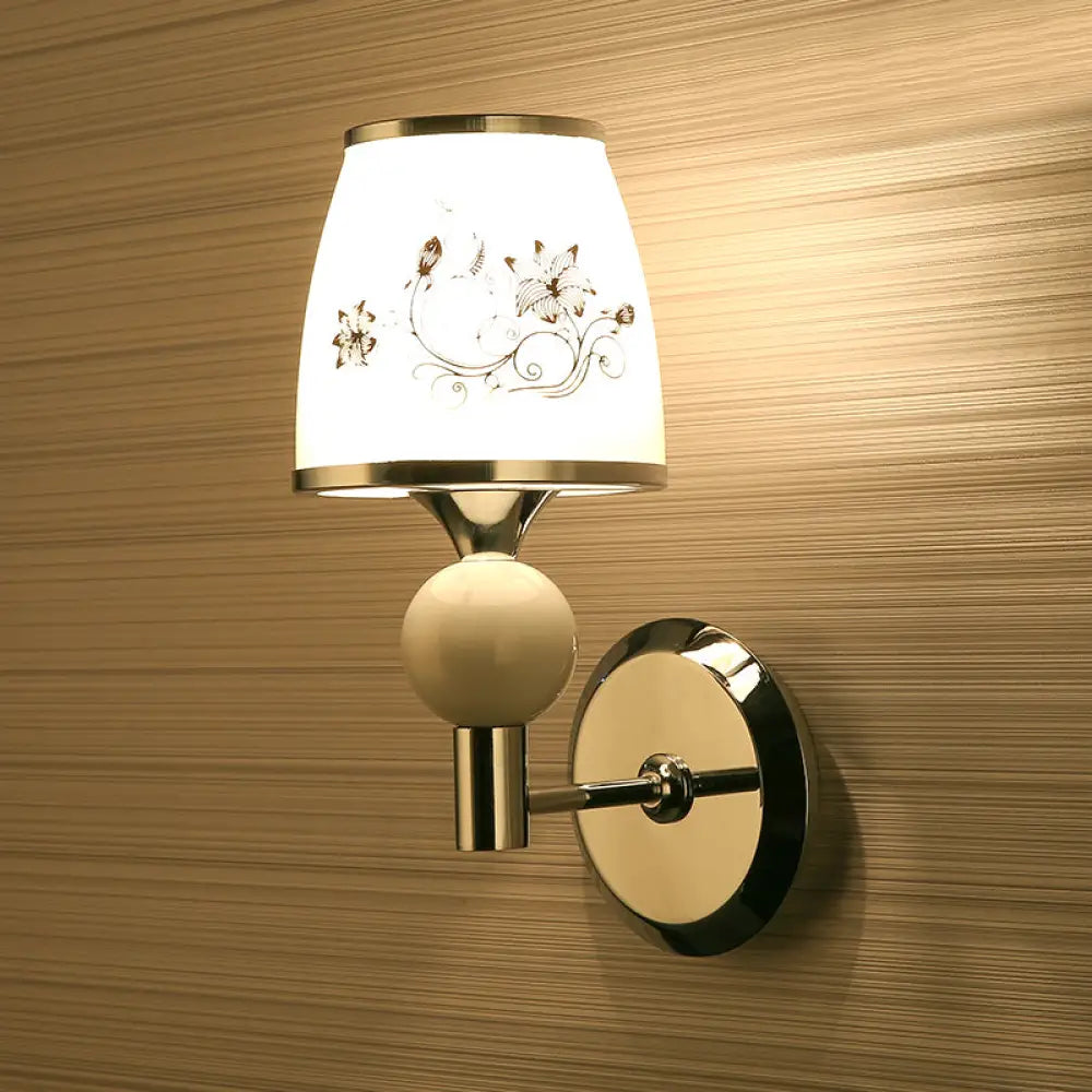 Chrome Wall Lamp - Single-Bulb Pastoral Tapered Sconce Light With White Patterned Glass