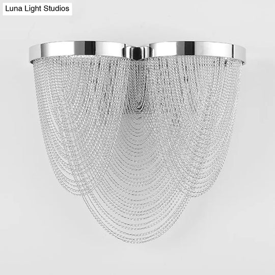 Chrome Wall Sconce Light With Metal Chain Shade - Postmodern Design 2 Lights Ideal For Bedroom