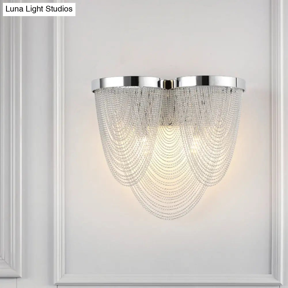 Chrome Wall Sconce Light With Metal Chain Shade - Postmodern Design 2 Lights Ideal For Bedroom