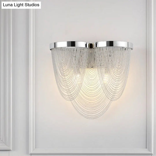 Chrome Wall Sconce Light With Metal Chain Shade - Postmodern Design 2 Lights Ideal For Bedroom