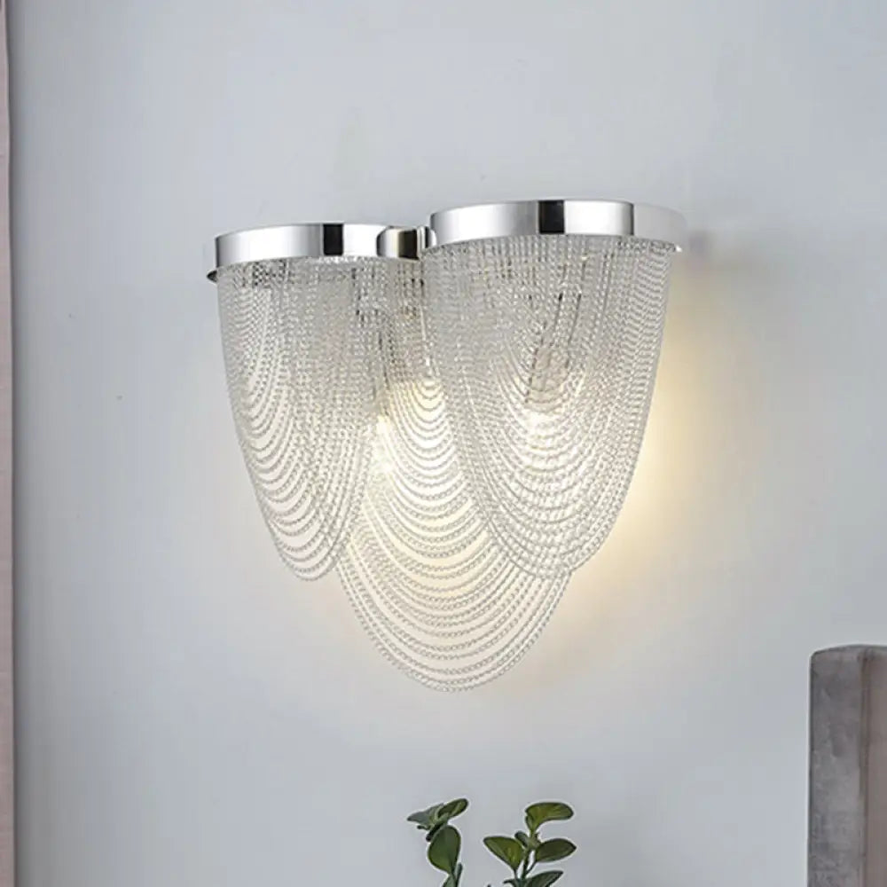 Chrome Wall Sconce Light With Metal Chain Shade - Postmodern Design 2 Lights Ideal For Bedroom